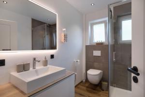 a bathroom with a sink and a toilet and a mirror at Ferienhaus Anna Elbe in Wischhafen +14 photos