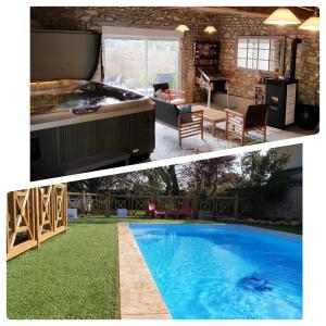 two pictures of a swimming pool and a house at Le Grand Cèdre Spa et sauna intérieur piscine in Marolles