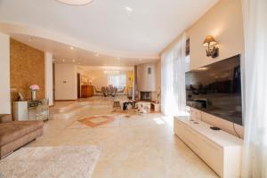 een grote woonkamer met een grote flatscreen-tv bij Villa 1331 in Zheleznitsa