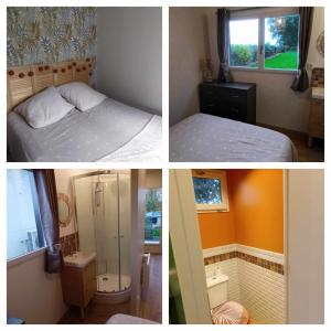 Quatre photos d'une chambre avec un lit et une salle de bains dans l'établissement Cosy cottage, à Le Catelier