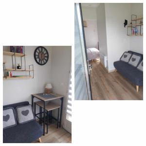 deux photos d'une chambre avec un lit et une table dans l'établissement Cosy cottage, à Le Catelier 5 autres photos