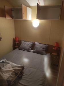 Un dormitorio con una cama grande con dos almohadas. en Mobil home agreable et fonctionnel, en Besse-et-Saint-Anastaise