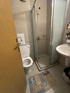 ein Badezimmer mit Dusche, Toilette und Waschbecken in der Unterkunft Elit 2 Apartment in Sonnenstrand