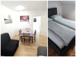 ein Schlafzimmer und ein Esszimmer mit einem Bett und einem Tisch in der Unterkunft Apartman Batuda,moderno opremljen apartman u centru Đurđevca, u cijeni WELLNESS, sauna, bazen u obližnjem hotelu, mini zoo, 5G internet, R1 račun, SELF CHECKIN, WELLNESS NO AVAILABLE 1 8-15 8 in Ðurđevac