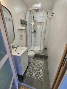 a bathroom with a shower and a toilet and a sink at "L'escapade Havraise" Studio Parking gratuit Coeur de Ville in Le Havre