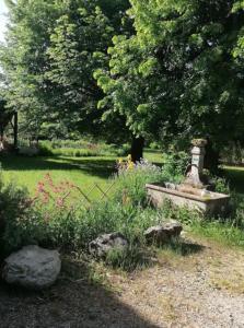 a garden with a fountain in the middle of a field at Ferme ancienne des tilleuls in Vinay