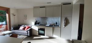 a kitchen with white cabinets in a living room at VIASTENNA - Boutique Ferienwohnung in Flims