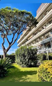 a building with a tree in front of a yard at Appartamento piscina&mare in Lido di Ostia