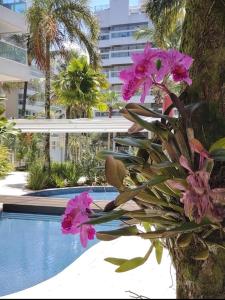 a plant with pink flowers next to a swimming pool at ILHA DA MADEIRA Resort apto inteiro in Riviera de São Lourenço