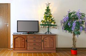 a television on a dresser with a christmas tree at Himmelbett-Ferienwohnung Oberwesel in Oberwesel