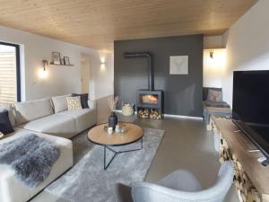 a living room with a couch and a fireplace at Holiday home Chalet 48 in Mayen