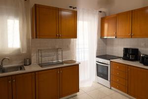 a kitchen with wooden cabinets and a sink at Santa Marina 4 in Ioannina