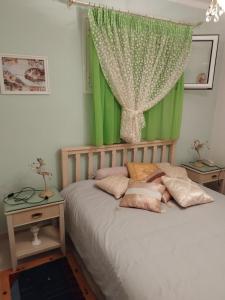 a bedroom with a bed with a green curtain at Agalia house in Néon Roinón