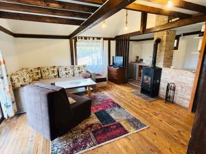 a living room with a couch and a wood stove at Log cabin in Sejdanovići