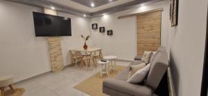 a living room with a couch and a tv on a wall at Apt moderne en plein centre-ville in Saint-Claude