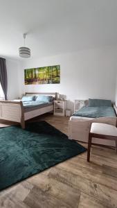 a bedroom with two beds and a green rug at FeWo Deisterferien, Terrasse, Netflix, Wlan, A2, B65, Steinhude, bis 8 Personen in Beckedorf