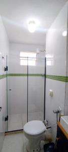 Un baño con ducha, inodoro y lavabo. en Apê 905 - RioCentro e Parque Olímpico e Farmasi Arena, en Río de Janeiro
