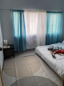 a bedroom with a bed with blue curtains and a rug at Viors Staycation in Cainta