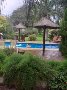 Una piscina con dos sombrillas y una persona nadando. en El Guerrero Club de Campo, en Colonia Benítez