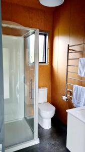 a bathroom with a toilet and a glass shower at Dragonfly Barn - Kerikeri in Kerikeri +27 photos