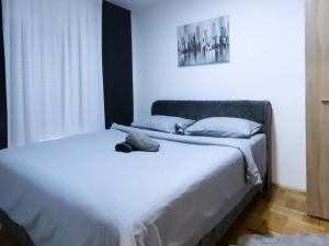 two beds sitting next to each other in a bedroom at stan na dan AURORA in Požarevac