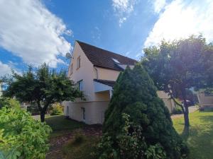 ein Haus mit einem großen Busch davor in der Unterkunft Ferienappartement in Lauterbach auf Rügen! in Lauterbach
