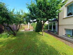 einen Hof mit zwei Bäumen neben einem Haus in der Unterkunft Ferienappartement in Lauterbach auf Rügen! in Lauterbach