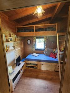 a bedroom with a bunk bed in a cabin at Ferienhaus Waldgefluester in Nausis +22 photos