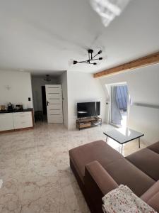 Una sala de estar con un sofá y un televisor. en Dworskiego 74, Apartament 3, en Przemyśl