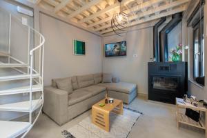 米蒂利尼Citrus Residence的带沙发和壁炉的客厅