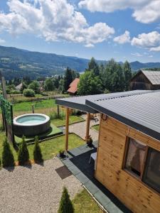 an overhead view of a wooden building with a pool at Tiny House Colibita in Colibiţa
