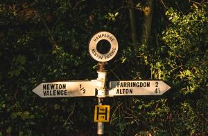 a pole with two white street signs on it at Whitedown in Alton