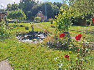 a garden with red flowers and a stone pathway at La Demeure Envoutée in Trélon