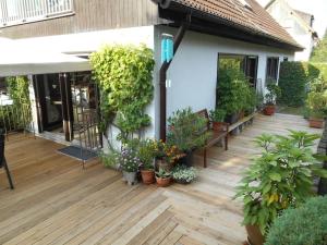 a patio with lots of potted plants on a building at Modern eingerichtetes Zimmer in Munich
