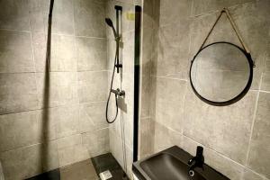 ein Badezimmer mit Dusche, Waschbecken und Spiegel in der Unterkunft Le Grand Loft in Saint-Étienne