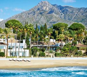 a beach with palm trees and a mountain in the background at Oasis Golf Apartment in Sitio de Calahonda