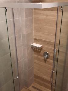 a shower with a glass door in a bathroom at Eagles Locus Apartments in Ulcinj