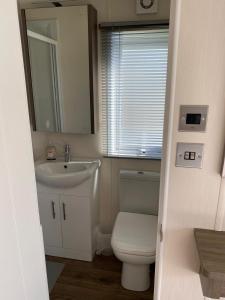 a bathroom with a toilet and a sink and a mirror at 59 Cliff Field in Hopton on Sea +27 photos