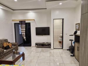 Cocody saint Jean في أبيدجان: غرفة معيشة مع أريكة وتلفزيون