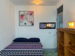 a bedroom with a bed and a tv on the wall at Mandala’s Hostal in San Pedro La Laguna