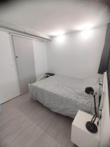 a bedroom with a bed and a lamp on a table at Charmant T2 flambant neuf pour 3 pers in Briec