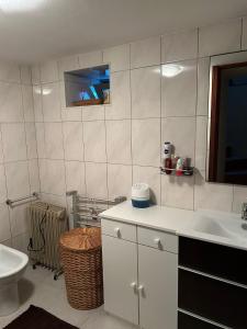 ein Badezimmer mit Waschbecken, Toilette und Spiegel in der Unterkunft Natura Gerês in Valdosende