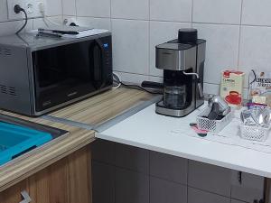 セゲドにあるThomas' Apartmanのキッチンカウンターの上に置かれた電子レンジ