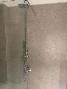 a shower with a glass door in a bathroom at Adeste to Ioannina Apartment in Ioannina