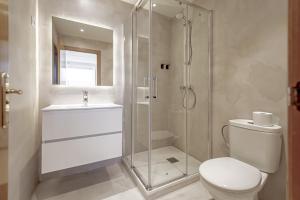 a bathroom with a shower and a toilet and a sink at Apartamentos Noviembre in Madrid