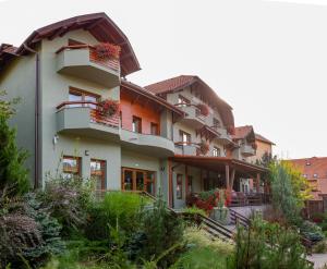 a building with flower boxes on the balconies of it at Pensiunea Heveder in Praid
