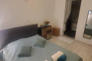 a bedroom with a bed and a dresser and a mirror at L'Emeraude in Saint-Pierre