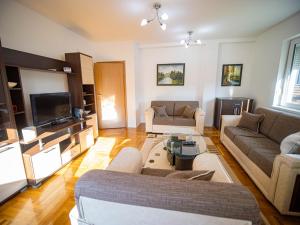 a living room with two couches and a tv at Apartman Casa di Tasa in Veliko Gradište