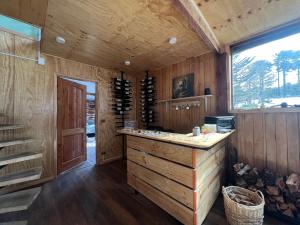 a kitchen with wooden walls and a counter in a room at Oceana Suites Hotel Volkano in Malalcahuello