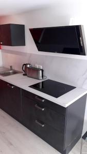 a kitchen with a sink and a counter top at Appt vue parc, avec terrasse in Châtel-Guyon +11 photos